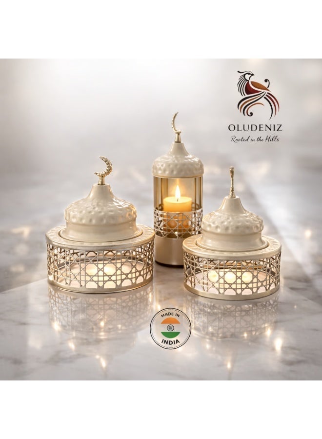OLUDENIZ 3-Piece Ramadan Decorative Set – Beige Matte Dome Containers and Mosque Lantern with Silver Crescent – Perfect for Dates, Nuts and Home Décor - Image 1